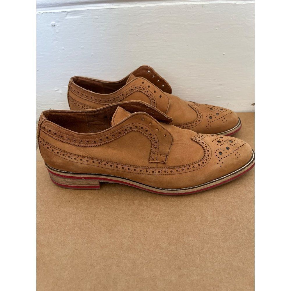 J.D. Fisk Tan Leather Wingtip Oxford Shoes 11M Red Trim No Laces Business Work